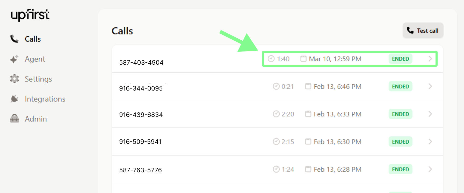 Example of accessing a business call transcript on Upfirst's Calls dashboard, showing how easy it is to access it.