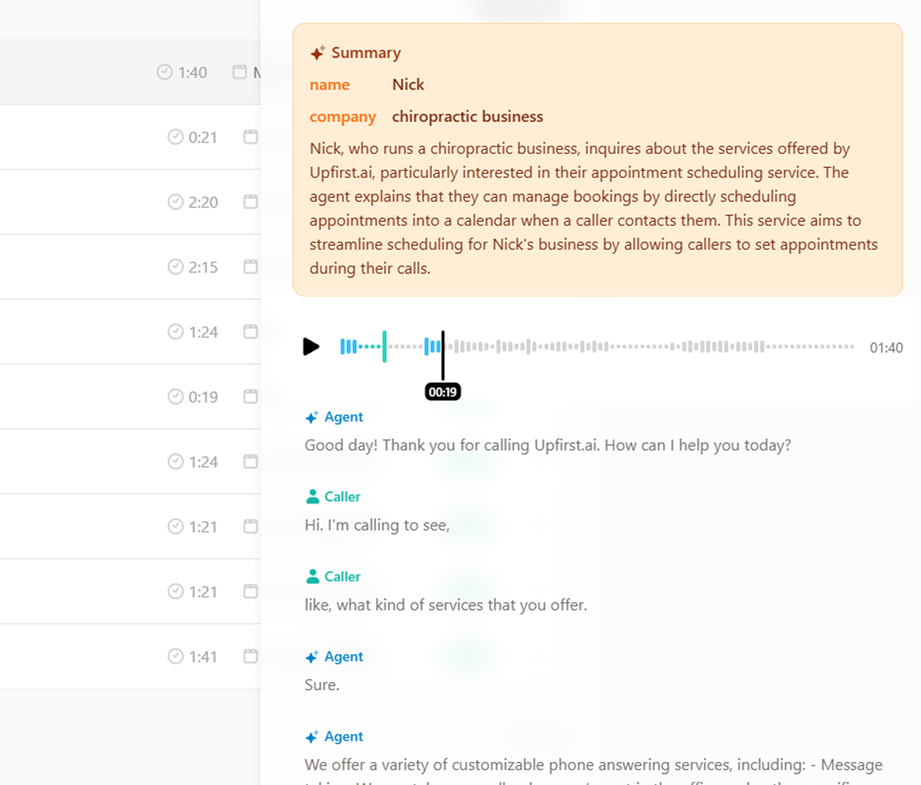 Example of a phone call transcript with Upfirst, showing how you can get a transcript of a call.