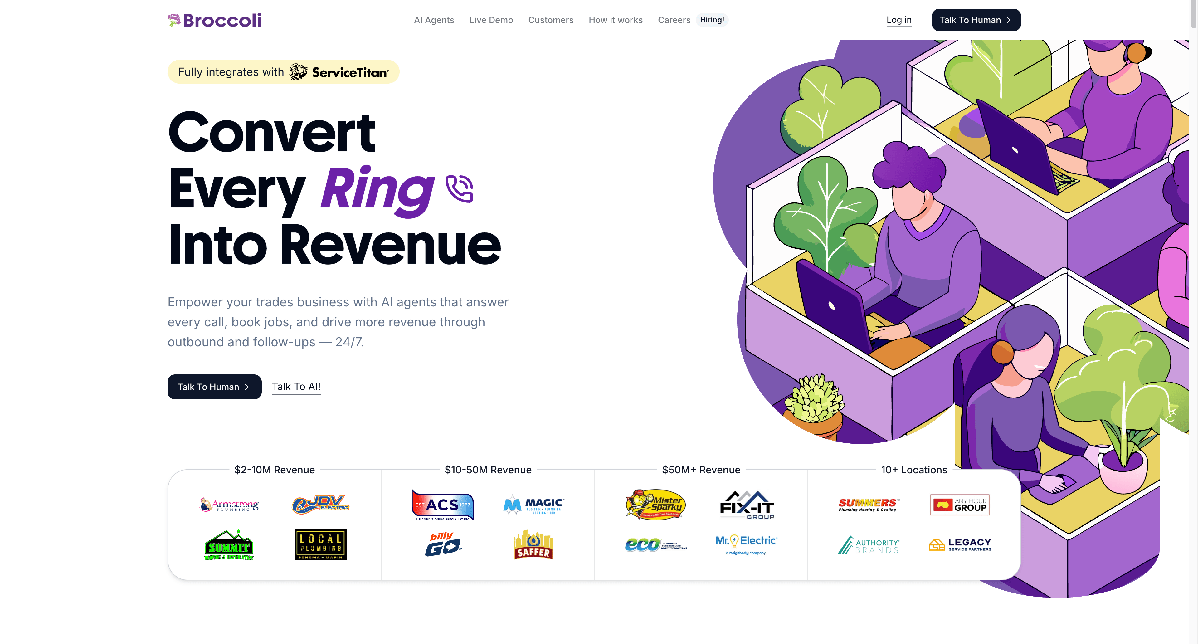 Screenshot of Broccoli's website which offers a phone answering app for trades businesses