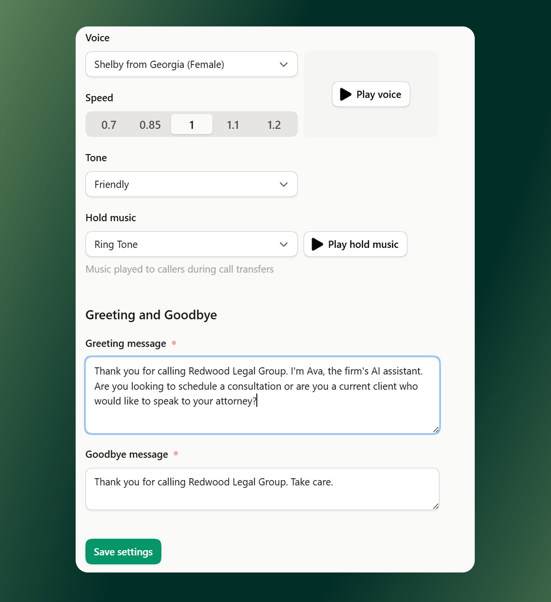 A greeting prompt example for training your AI receptionist.