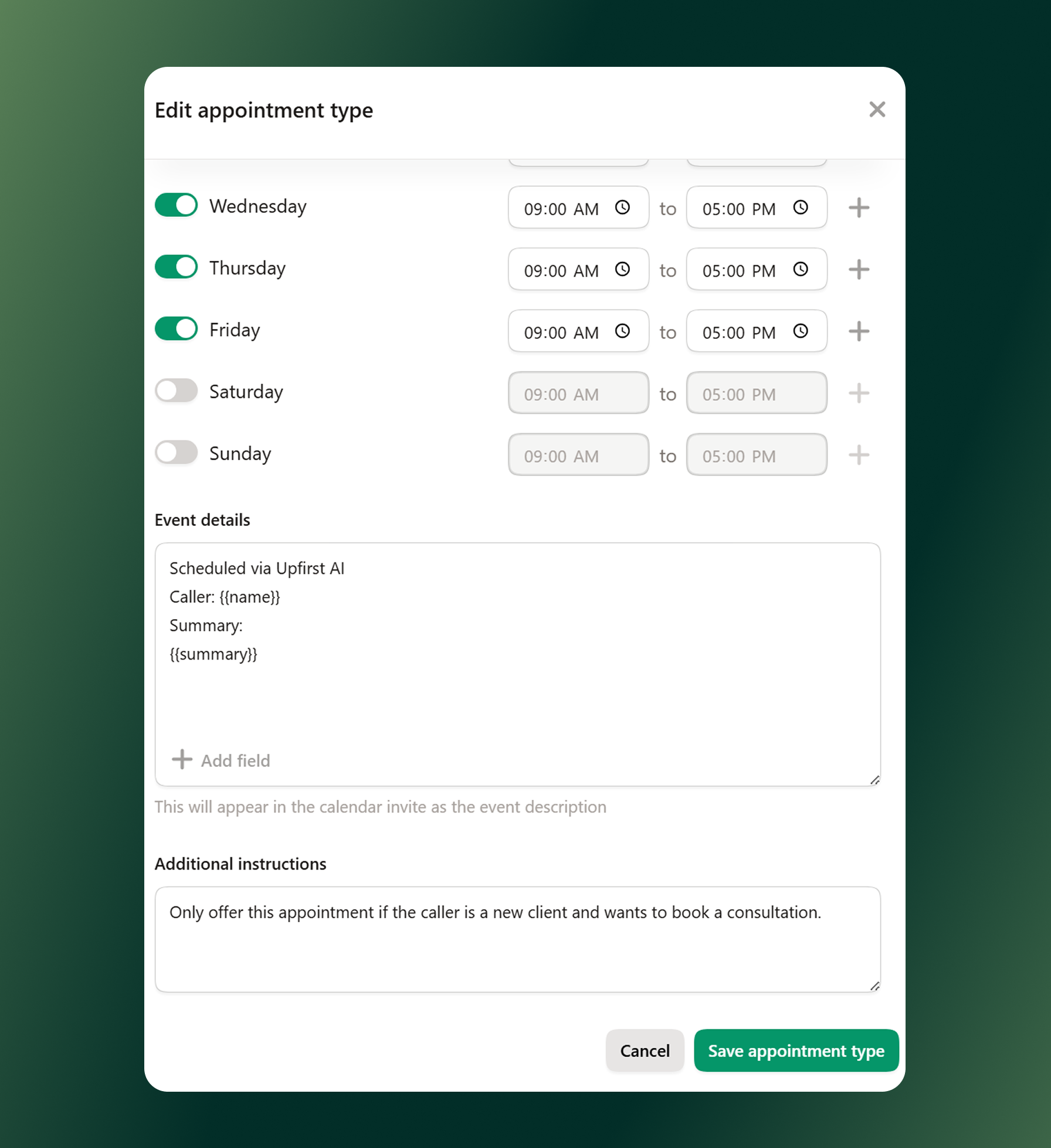 An example of how to prompt your AI receptionist to offer appointments to your caller is