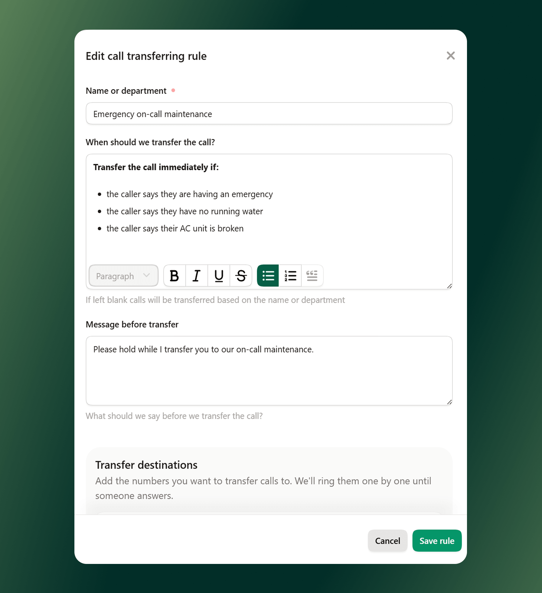 An example of setting up call transfer rules, prompting your AI receptionist on when a call should be transferred