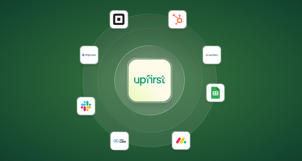 Upfirst logo surrounded by other apps, illustrating the ability for Upfirst's AI receptionist to connect to any app via custom API calls