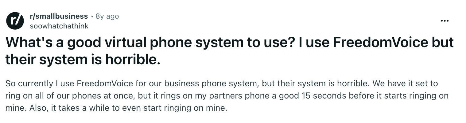 Small business owner discussing FreedomVoice on Reddit