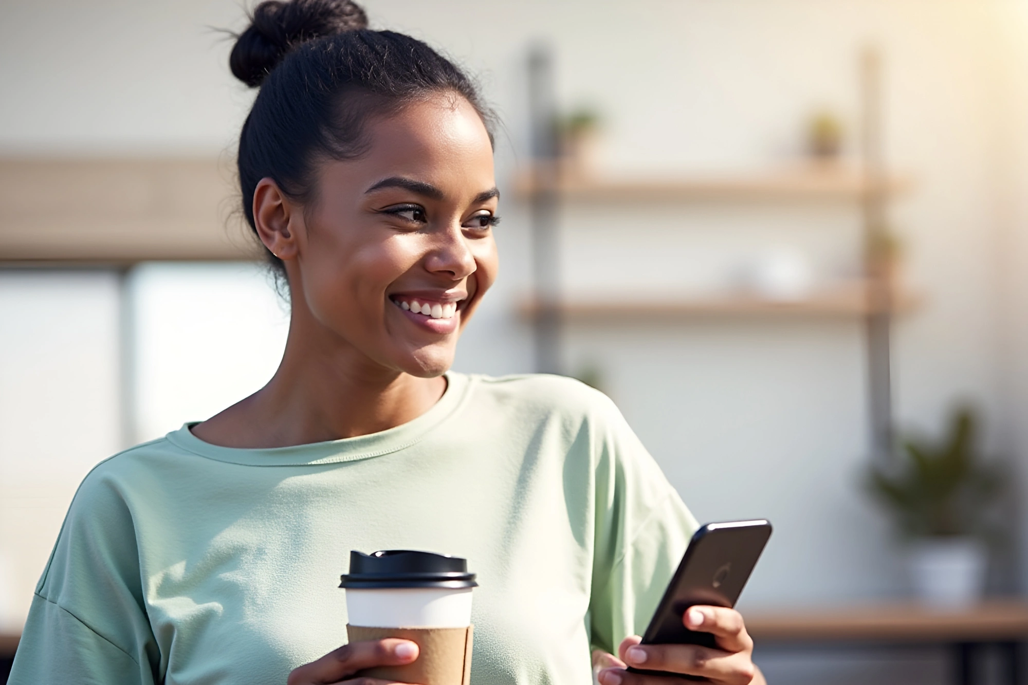 A woman looking at her phone, smiling