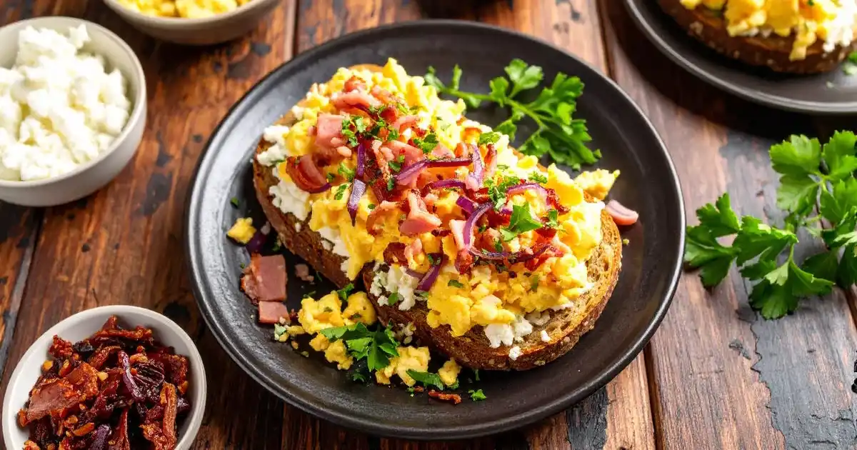 Herzhaftes Frühstück mit Eiweißbrot, Rührei, Lachsschinken und karamellisierten Zwiebeln