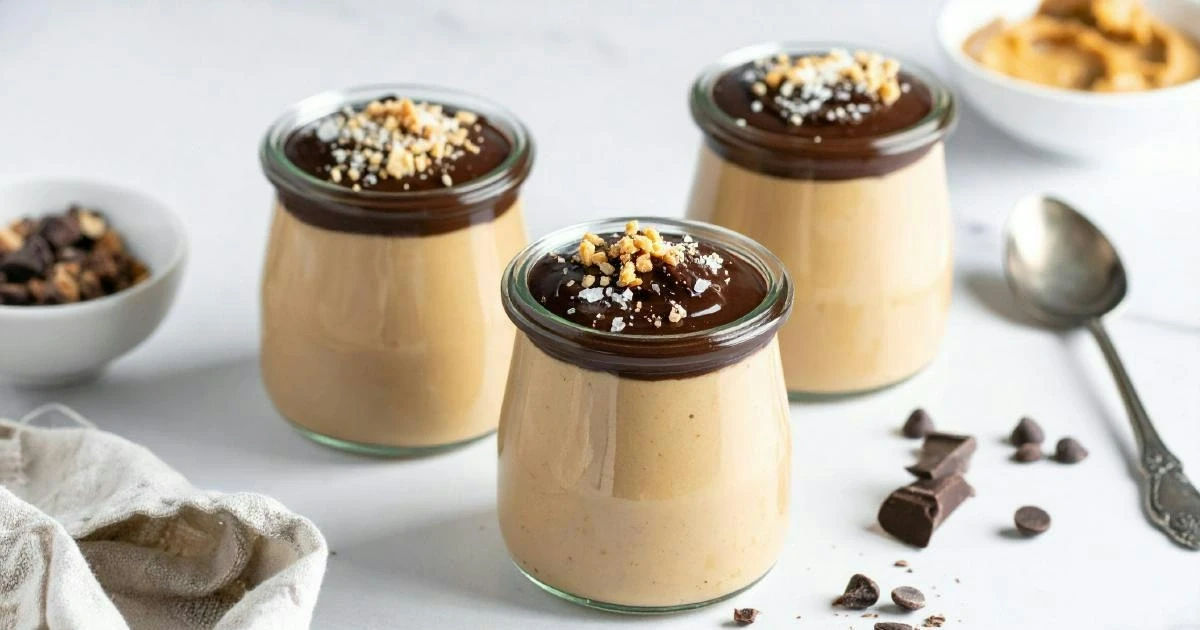 Protein-Mousse mit Erdnuss und Schoko-Ganache in Gläsern angerichtet