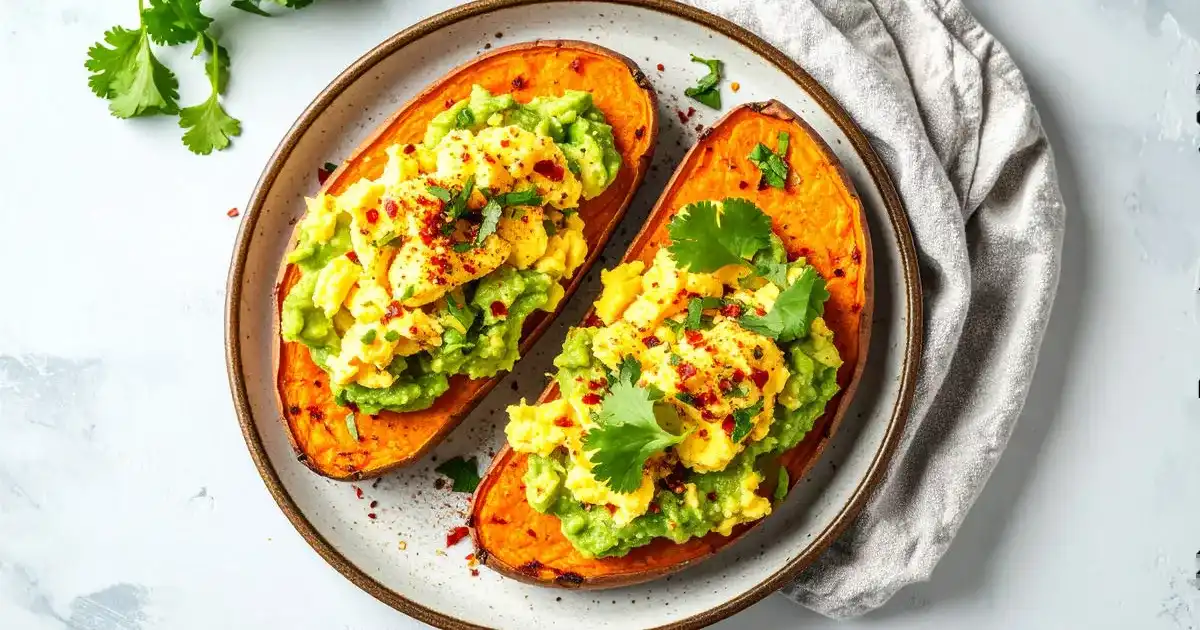 Süßkartoffel-Toast mit Avocado und Ei auf einem Teller, dekoriert mit Kräutern