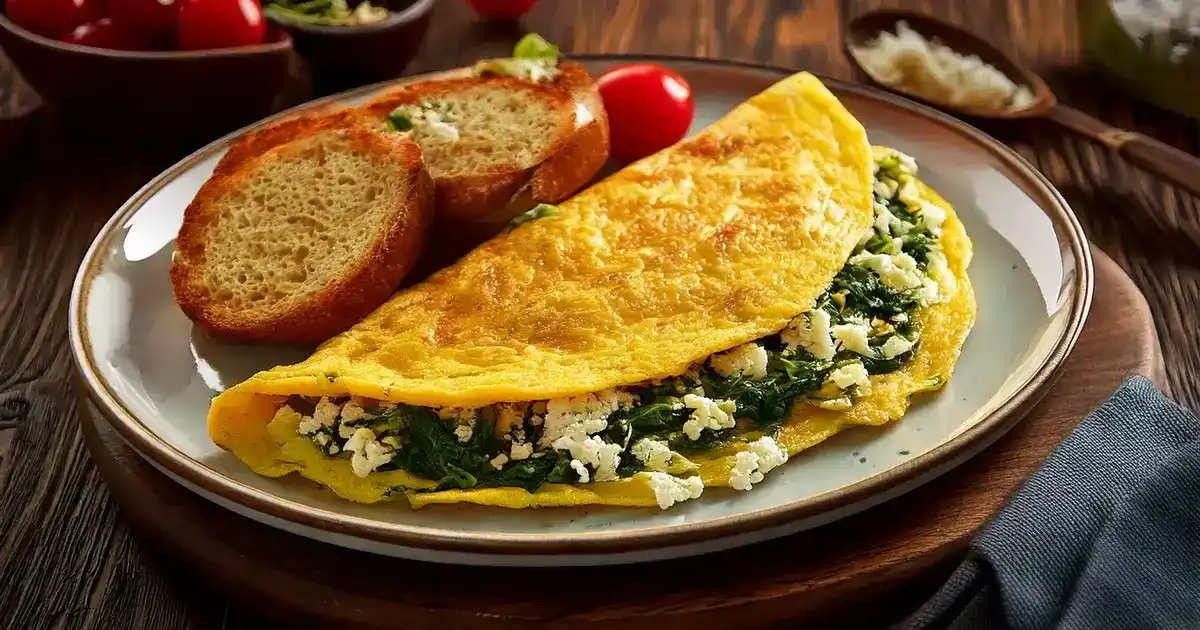 Mediterranes Omelette mit Spinat, Feta und Oliven auf einem Teller, garniert mit frischen Kräutern.