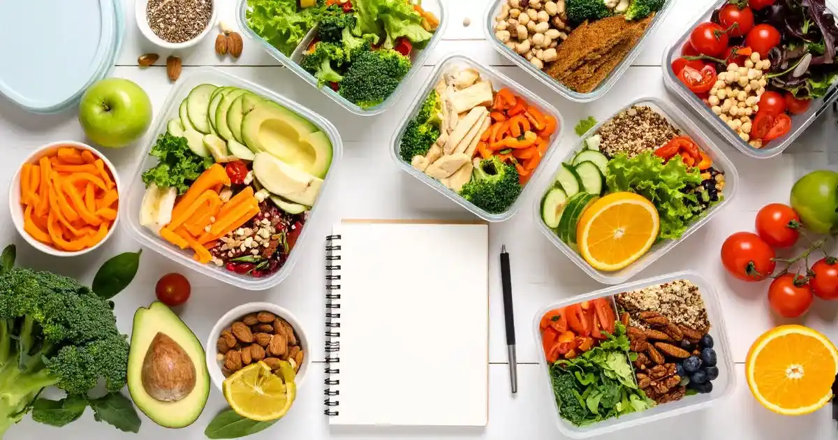 Übersicht über Meal-Prep-Boxen mit gesunden Zutaten und Wochenplan