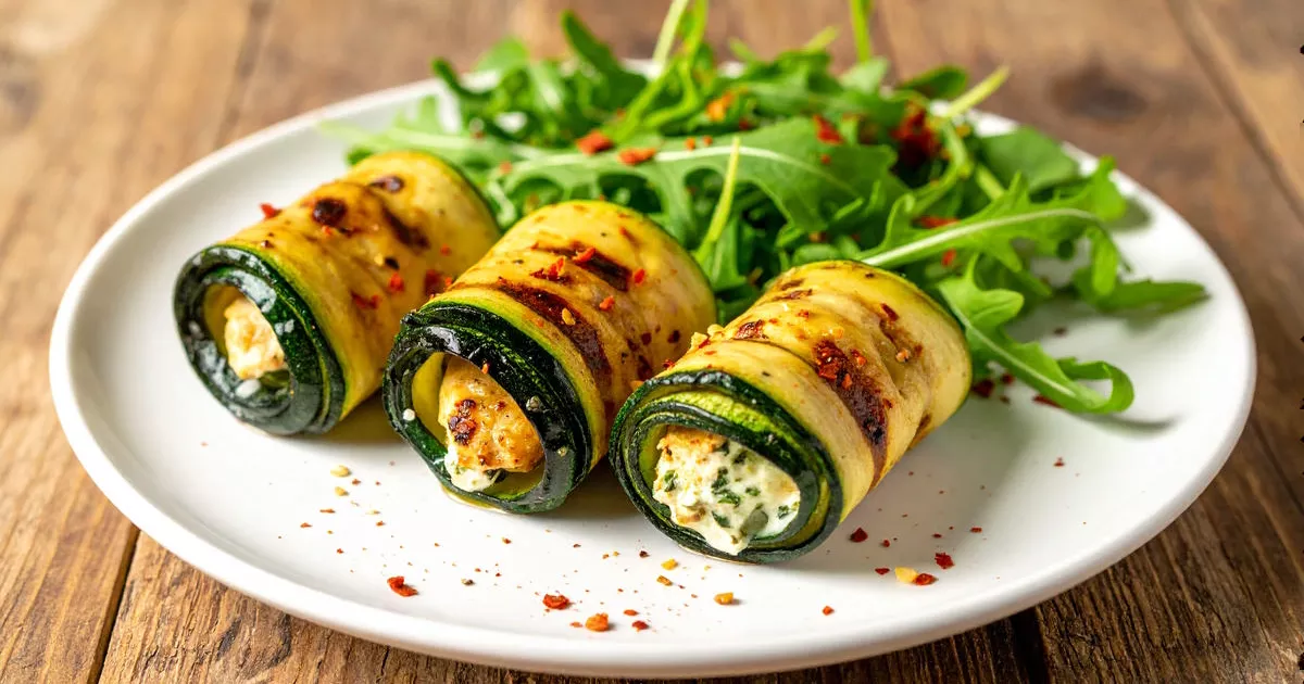 Zucchini-Röllchen mit Hähnchen und Kräuterquark auf Rucola serviert