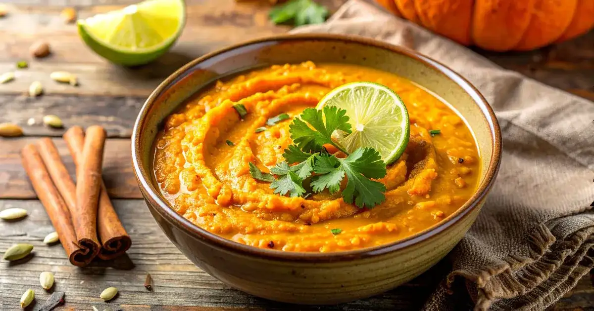 Cremiges Kürbis-Daal mit Linsen in herbstlicher Servierweise mit Limette und Kräutern