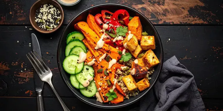 Kürbis-Bowl mit Quinoa, Tofu und Tahini-Sauce im modernen Food-Styling