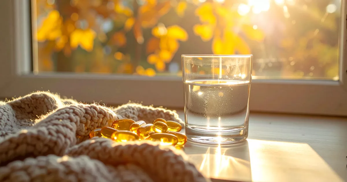 Tisch mit Vitamin-D-Präparaten und Wasser im sanften Herbstlicht
