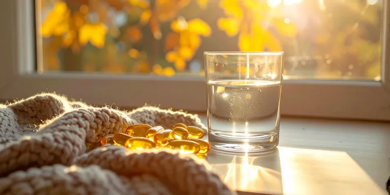 Tisch mit Vitamin-D-Präparaten und Wasser im sanften Herbstlicht