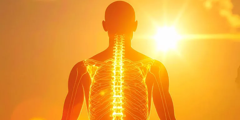 Symbolgrafik eines Körpers mit leuchtenden Knochen und Sonne für Vitamin-D-Aufnahme