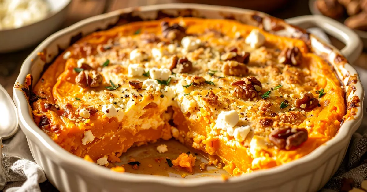 Gesunder Süßkartoffel-Gratin mit Feta und Walnüssen in Auflaufform