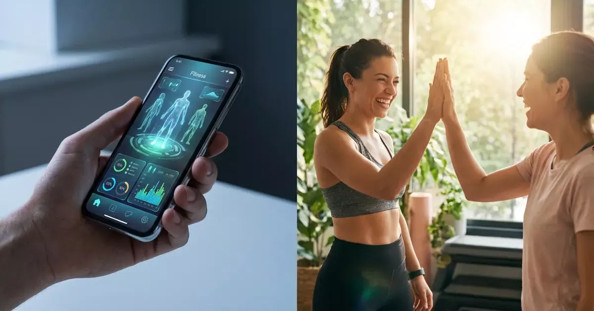 Vergleich zwischen einer KI-Fitness-App und einer echten Personal Trainerin mit emotionalem Coaching.