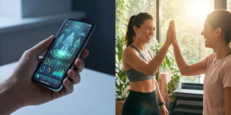Vergleich zwischen einer KI-Fitness-App und einer echten Personal Trainerin mit emotionalem Coaching.