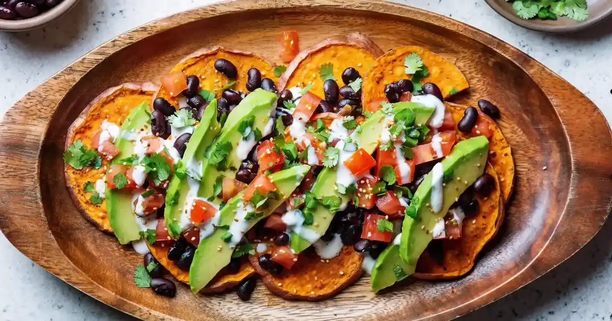 Gesunde Süßkartoffel-Nachos mit Avocado, Bohnen und Protein-Toppings
