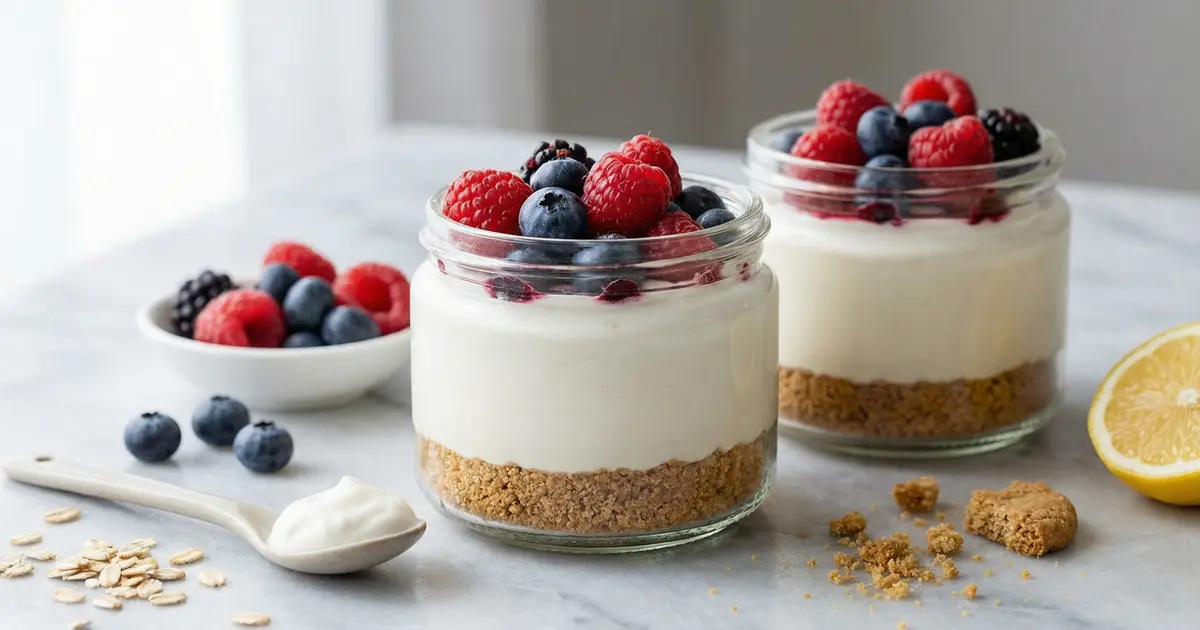 No Bake Protein Cheesecake aus dem Glas mit Beeren und cremiger Quark-Frischkäse-Schicht