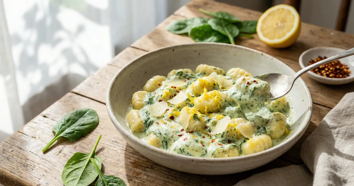 Zitronige Gnocchi mit cremiger Joghurt-Spinat-Sauce in einer hellen Schale