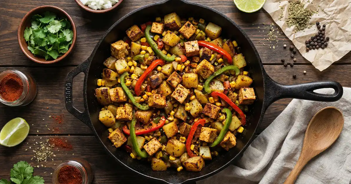 Tex-Mex-Tofupfanne mit Kartoffeln, Paprika und Mais in einer Pfanne