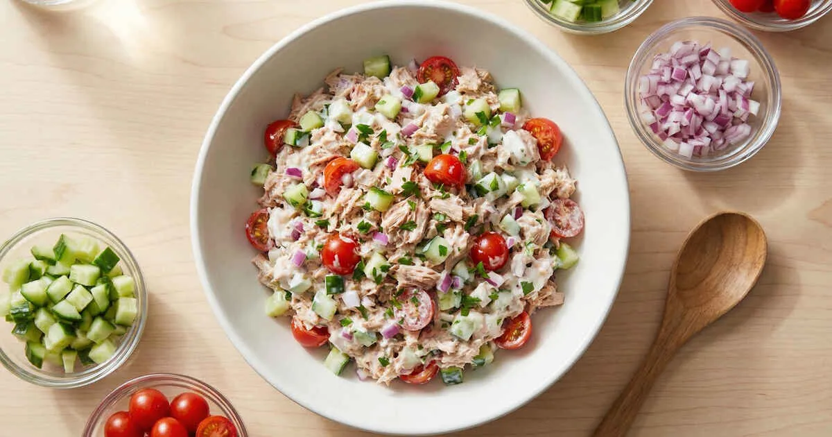 Kalorienarmer Thunfischsalat ohne Mayo mit Joghurt und frischem Gemüse