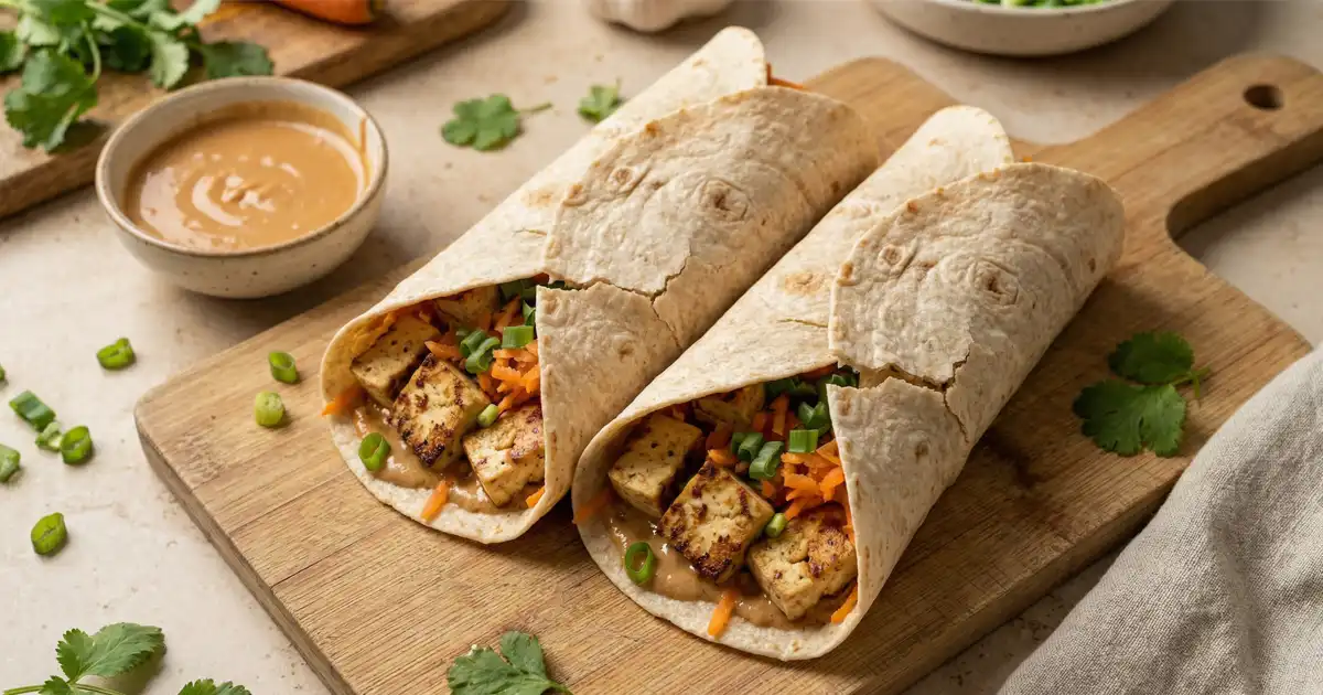 Veganer Protein-Wrap mit knusprigem Tofu, Hoisin-Sriracha-Sauce und Karotten