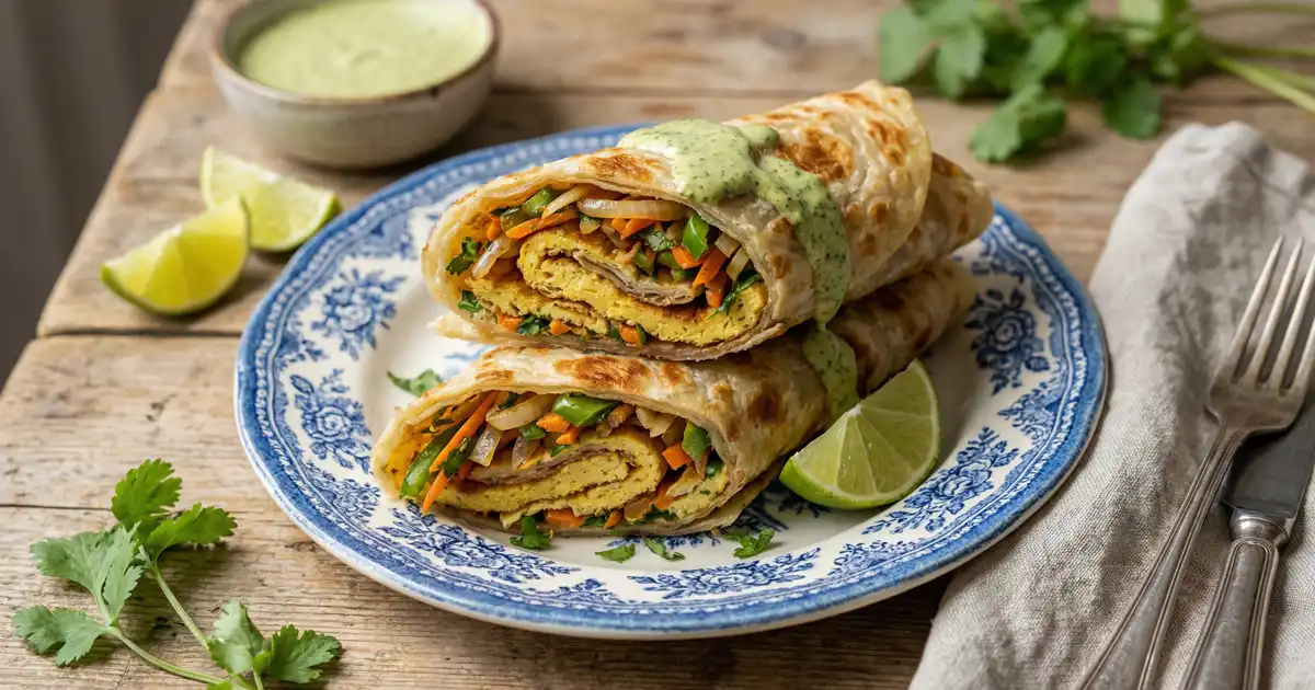 Protein-Wraps mit Eiweiß-Omelett, Gemüse und Koriander-Erdnuss-Dip angerichtet auf modernen Tellern