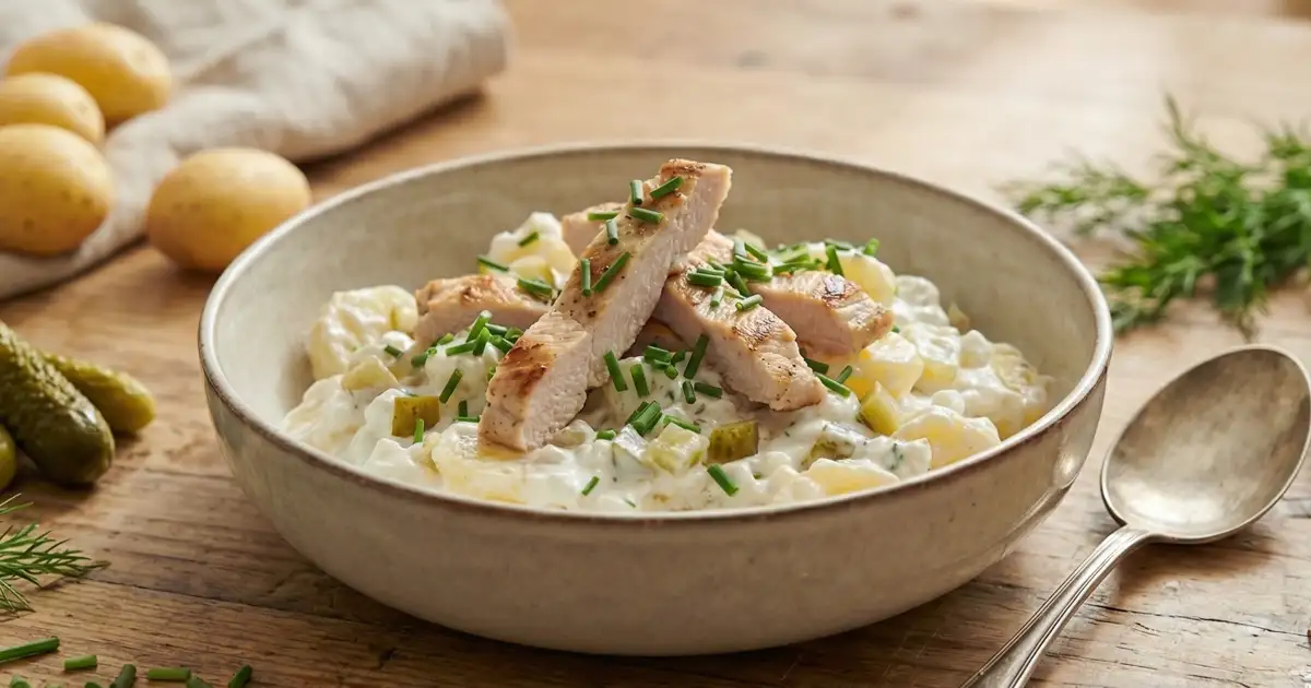 Cremiger High-Protein-Kartoffelsalat mit Putenbrust und Hüttenkäse-Creme ohne Mayo