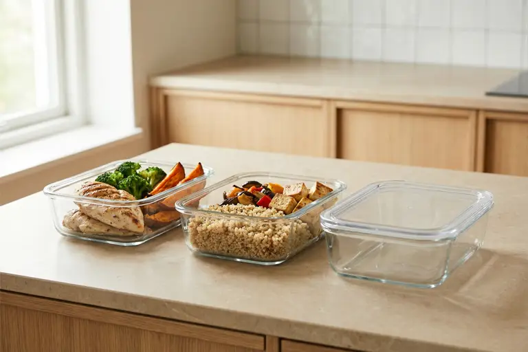Glas Meal Prep Boxen mit Hähnchen, Brokkoli, Süßkartoffeln und Quinoa in einer hellen Küche vorbereitet für gesunde High Protein Mahlzeiten