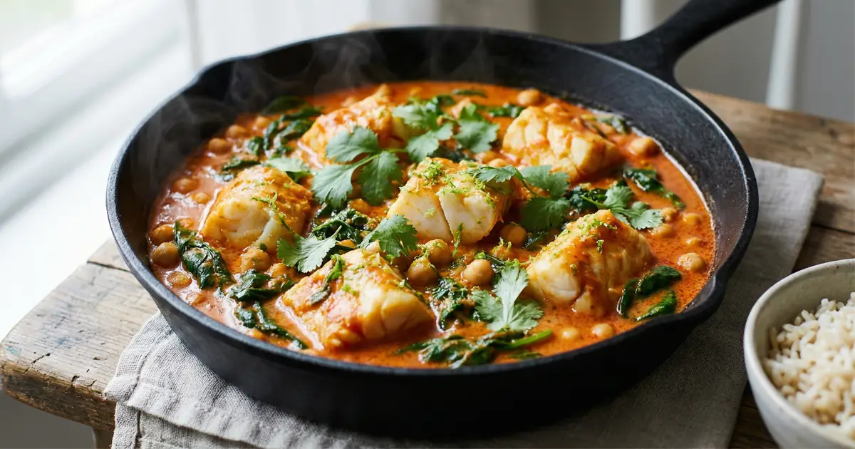 Cremiger Kokos-Kabeljau mit Spinat und Kichererbsen in einer Pfanne