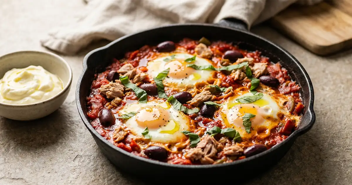 Mediterrane High-Protein Eierpfanne mit Thunfisch, Oliven und Skyr-Creme aus dem Ofen