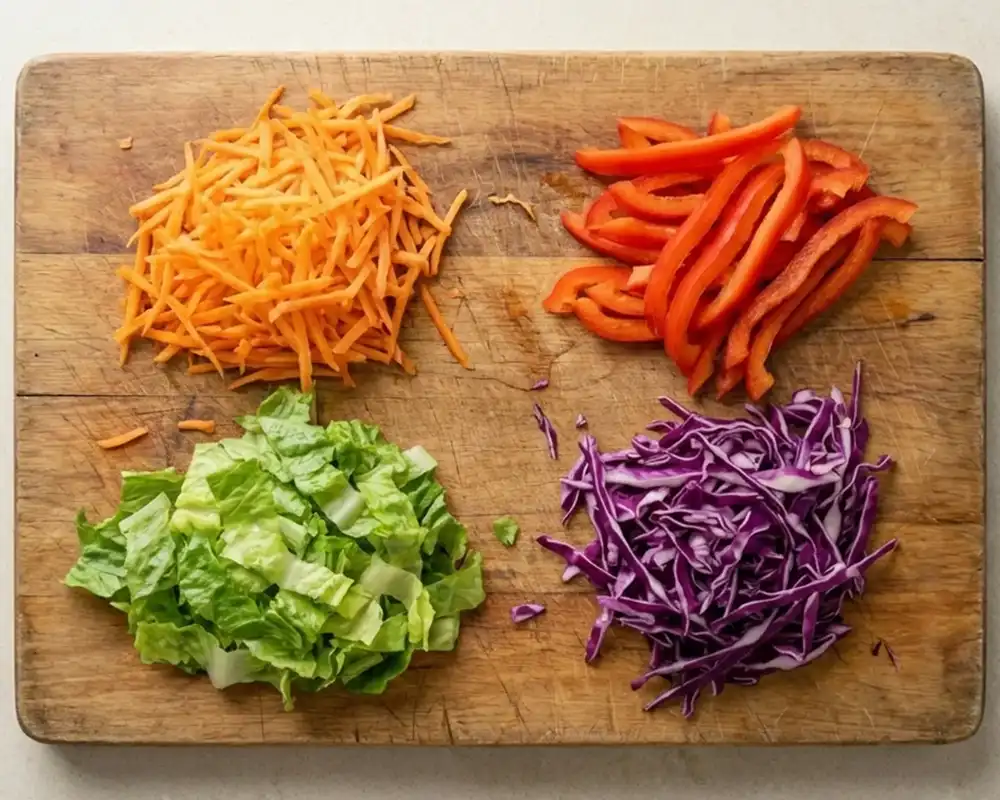 Frisch geschnittenes Gemüse für Protein Salat in weißer Schüssel von oben