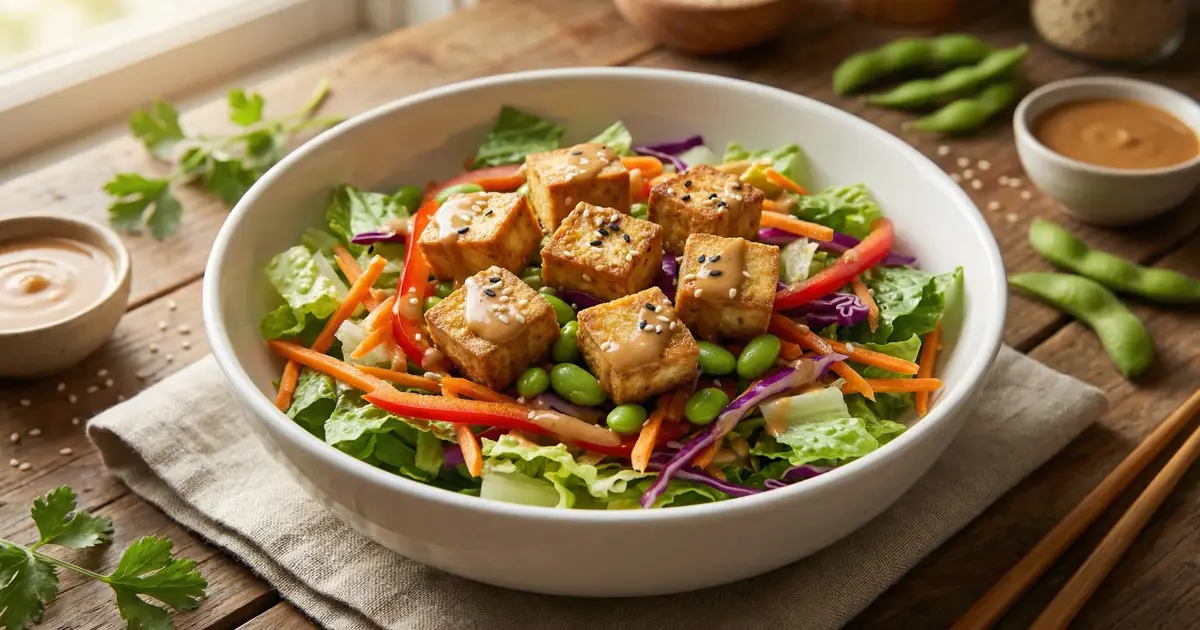 Leichter High-Protein Tofu-Salat mit PB2-Erdnuss-Dressing und Edamame.