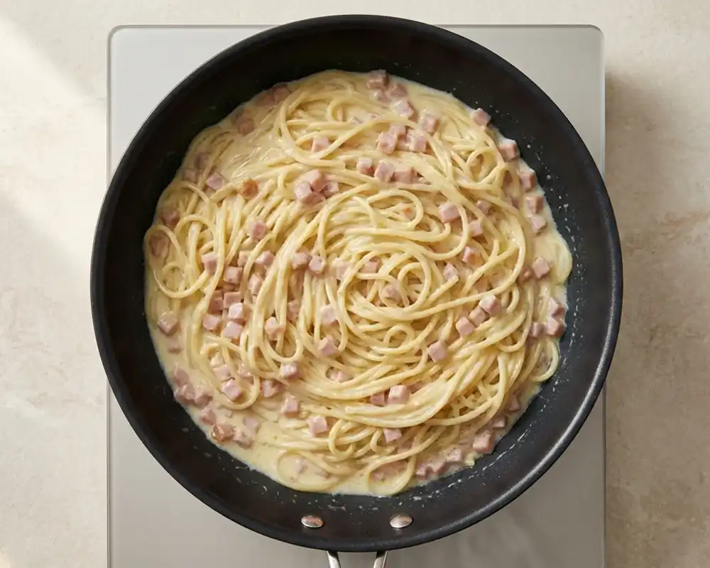 Cremige Protein-Carbonara mit Schinken in beschichteter Pfanne von oben
