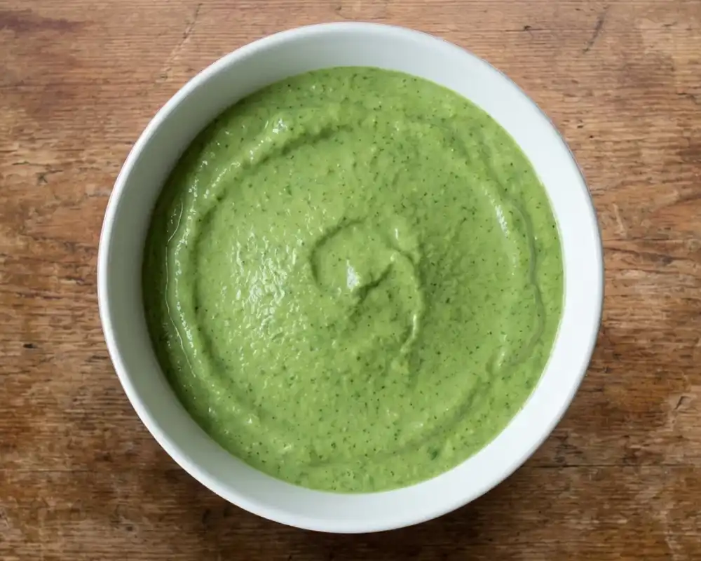 Cremige grüne Smoothie Masse glatt gestrichen in weißer Schüssel von oben