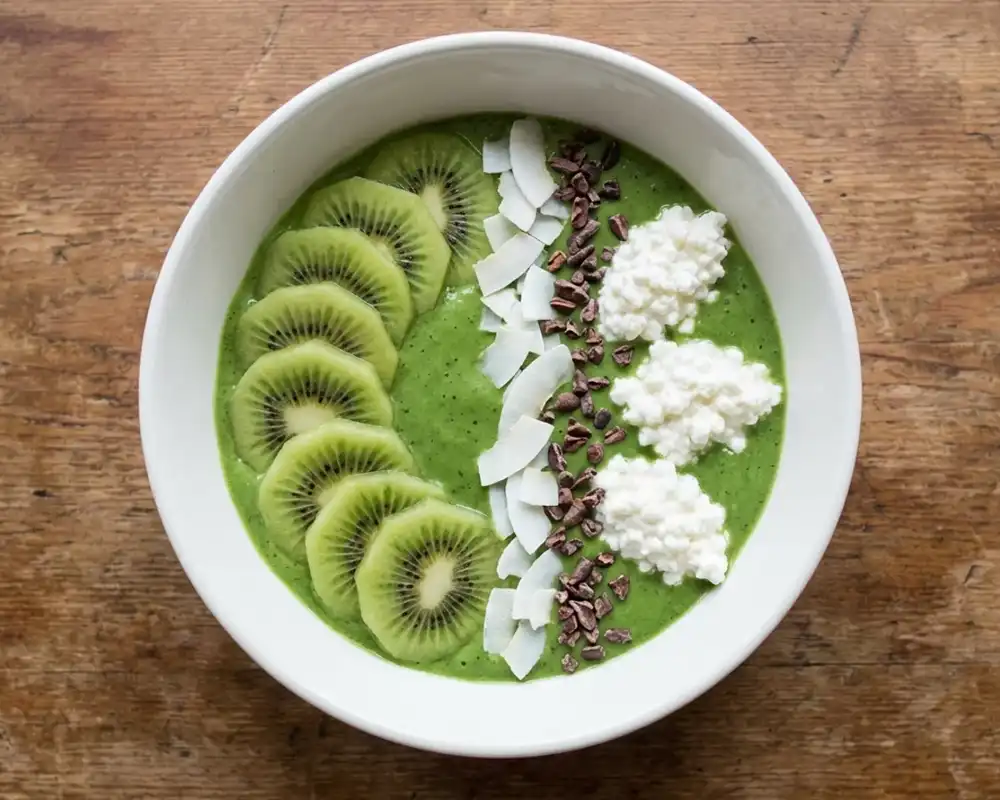 Smoothie Bowl mit Kiwi Fächer, Kokoschips, Kakaonibs und körnigem Frischkäse von oben