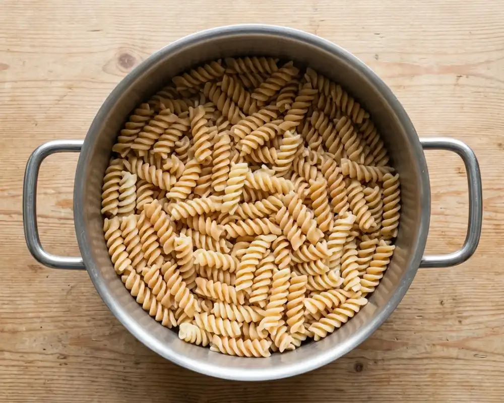 Al dente gekochte Protein-Fusilli im Edelstahltopf von oben fotografiert