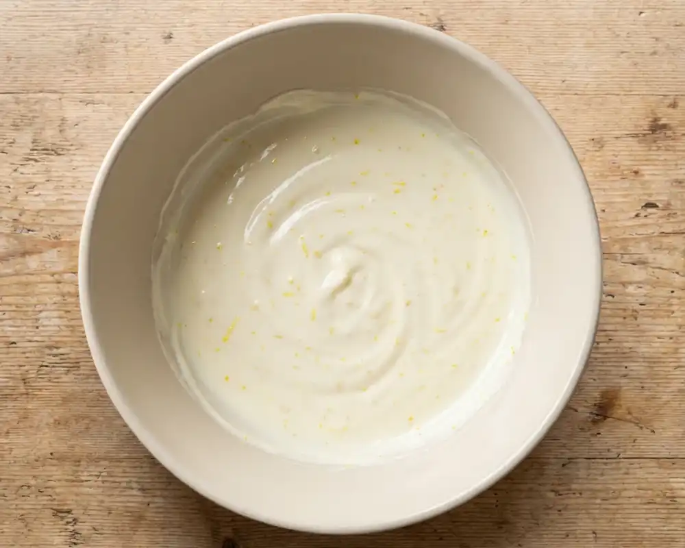 Cremiges Skyr-Zitronen-Dressing in Schüssel von oben