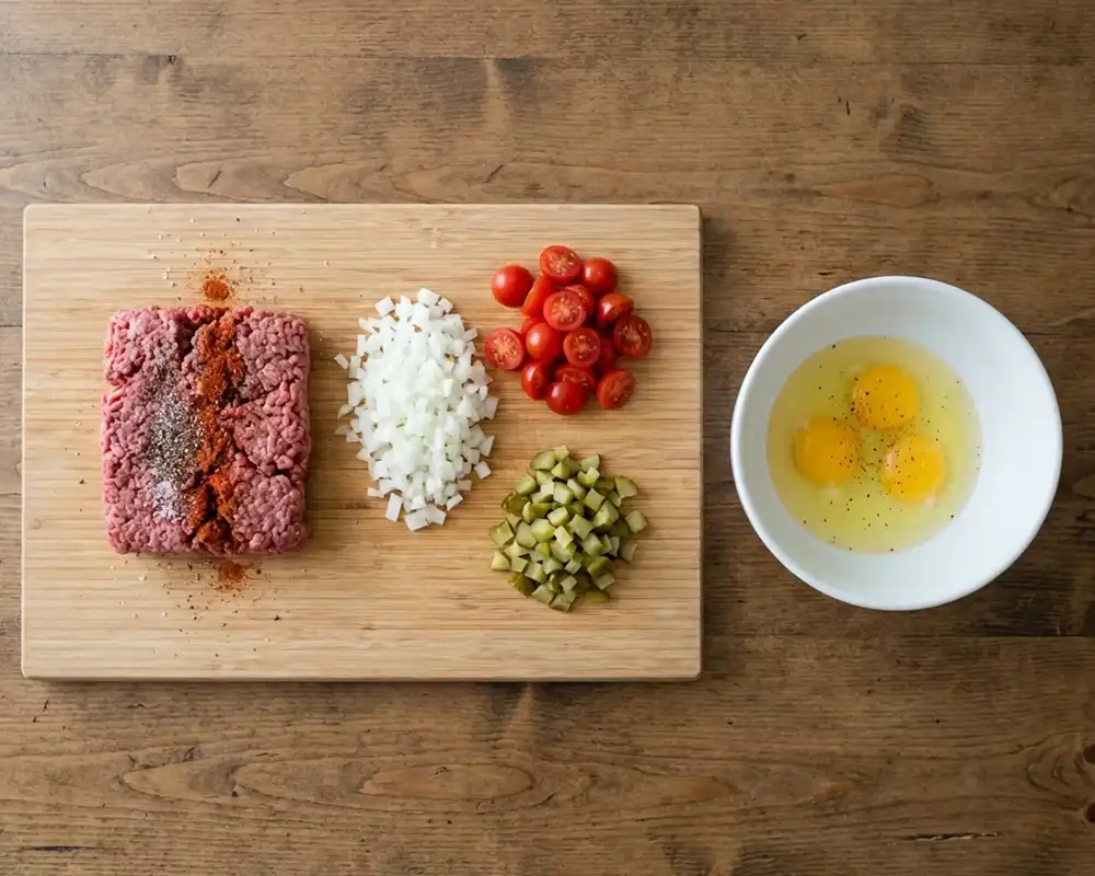 Gewürztes Rinderhack, gewürfelte Zwiebeln, halbierte Cherrytomaten und Gewürzgurken sowie verquirlte Eier in einer Schüssel – Vorbereitung für ein Cheeseburger-Omelett von oben fotografiert