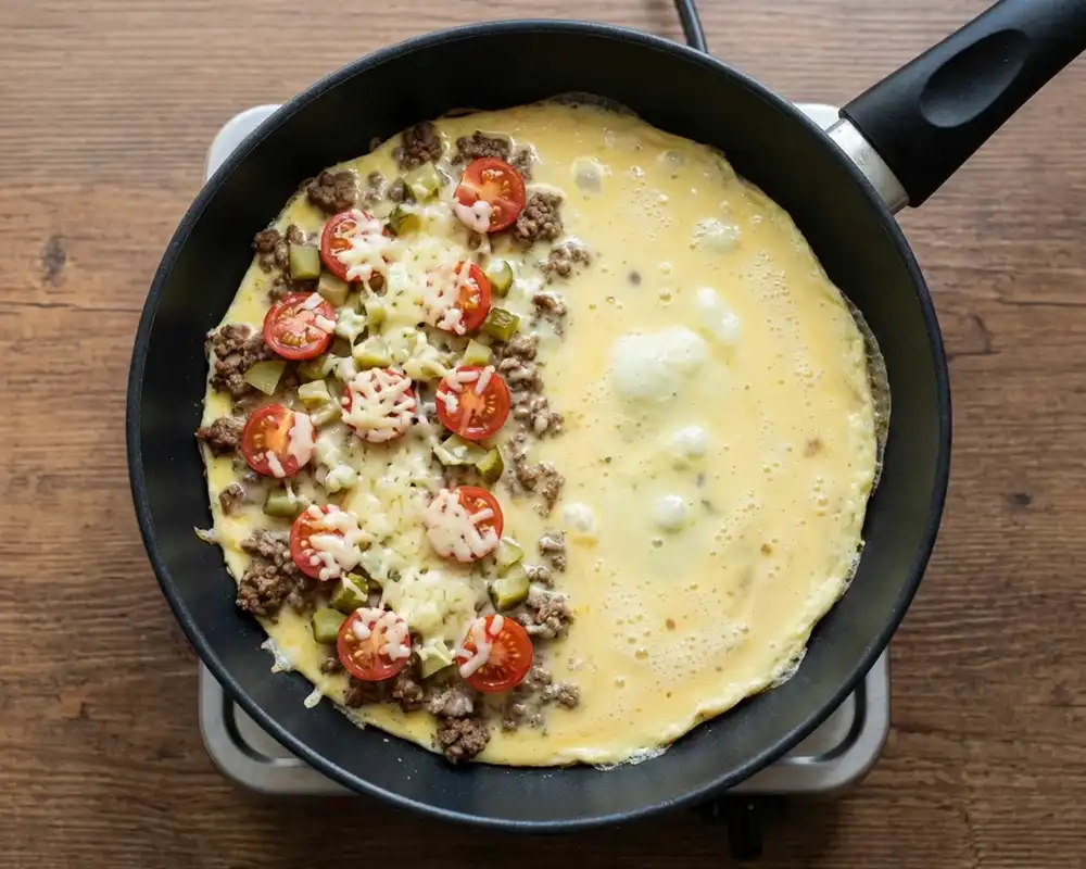Omelettmasse über Hackfleisch gegossen und mit Tomaten, Gewürzgurken und Käse belegt – Pfanne von oben
