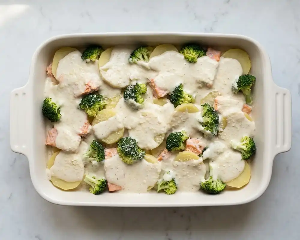 Auflauf mit cremiger Skyr-Parmesan-Sauce vor dem Backen von oben Dateiname: lachs-gratin-mit-sauce-vor-backen.jpg
