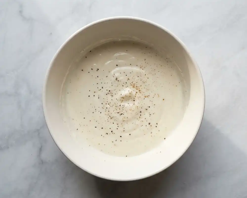 Cremige Skyr-Parmesan-Sauce in einer Schüssel von oben fotografiert