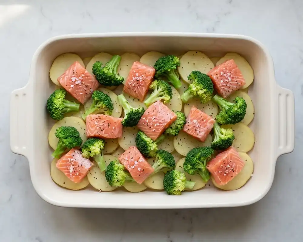Auflaufform mit Kartoffelscheiben, Brokkoli und rohem Lachs von oben