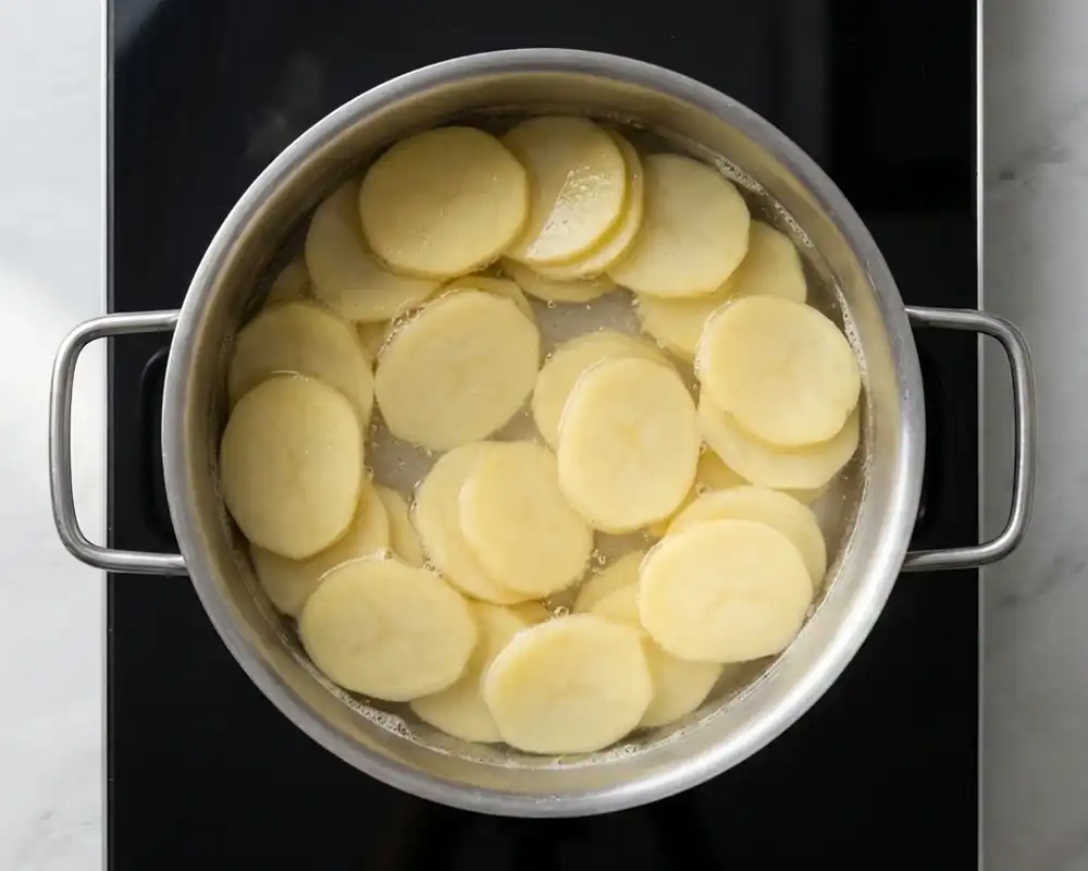 Dünn geschnittene Kartoffelscheiben im Topf mit leicht köchelndem Wasser von oben fotografiert