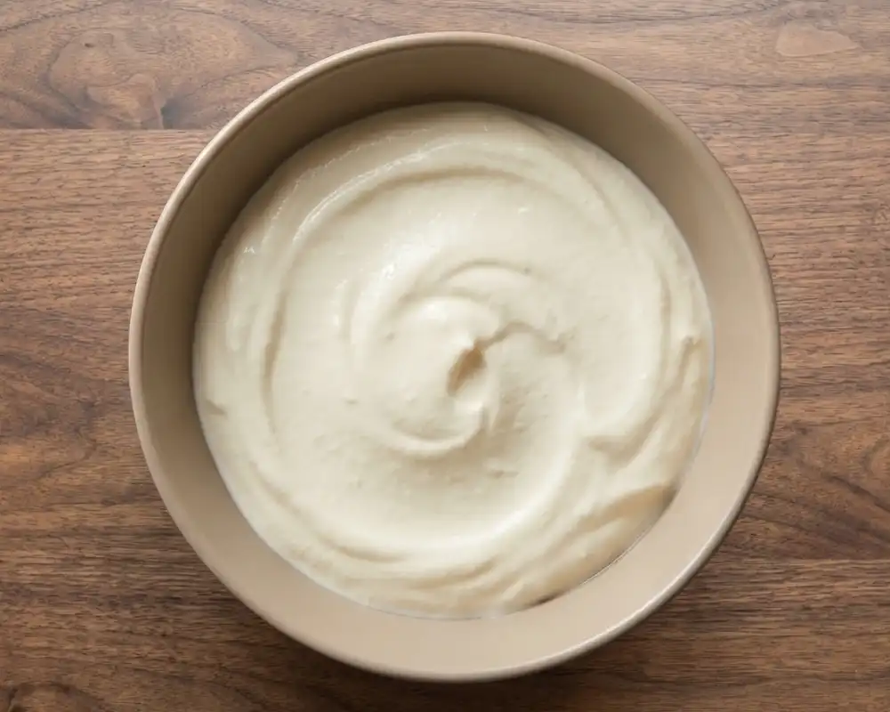 Cremige Hüttenkäse-Frischkäse-Creme glatt verrührt in Schüssel