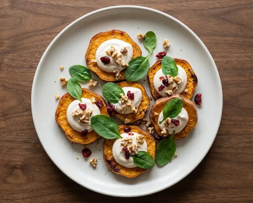 Süßkartoffel Bites auf Teller mit fein pürierter Hüttenkäsecreme und Walnuss Cranberry Topping