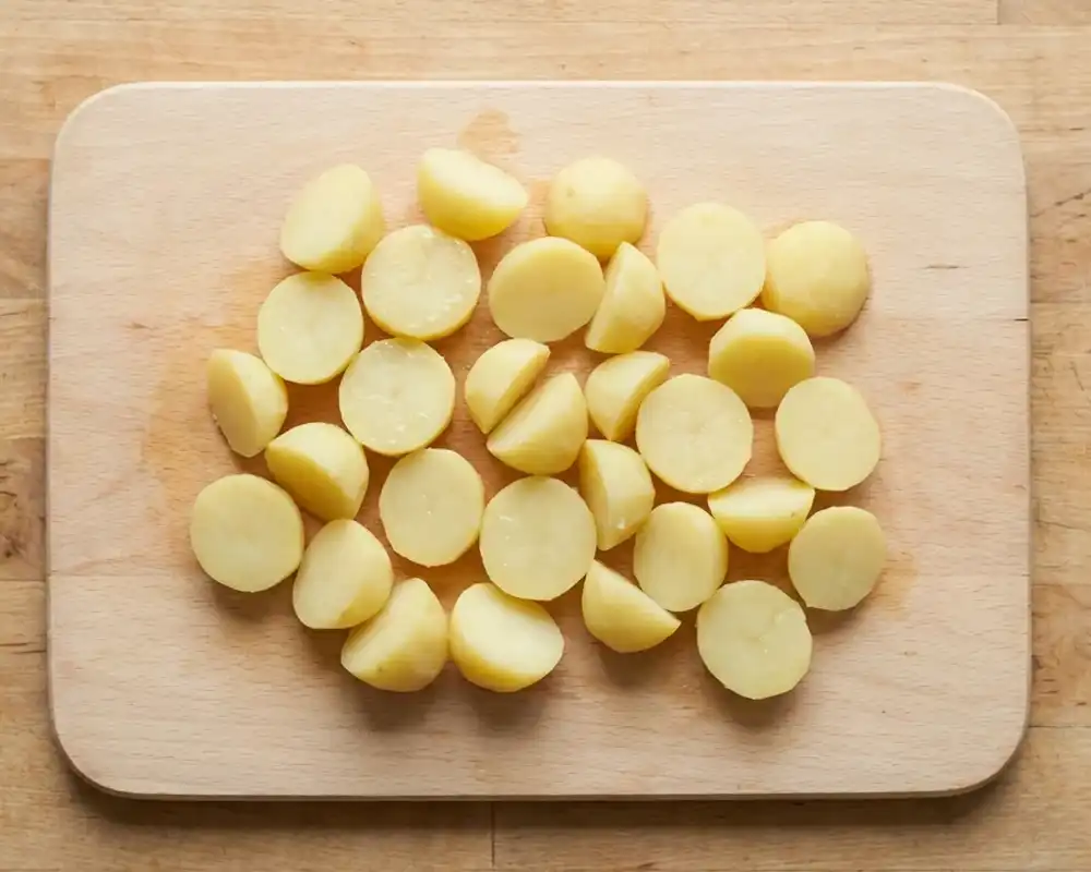 Gepellte gekochte Kartoffeln in kleine Scheiben geschnitten auf Holzbrett von oben